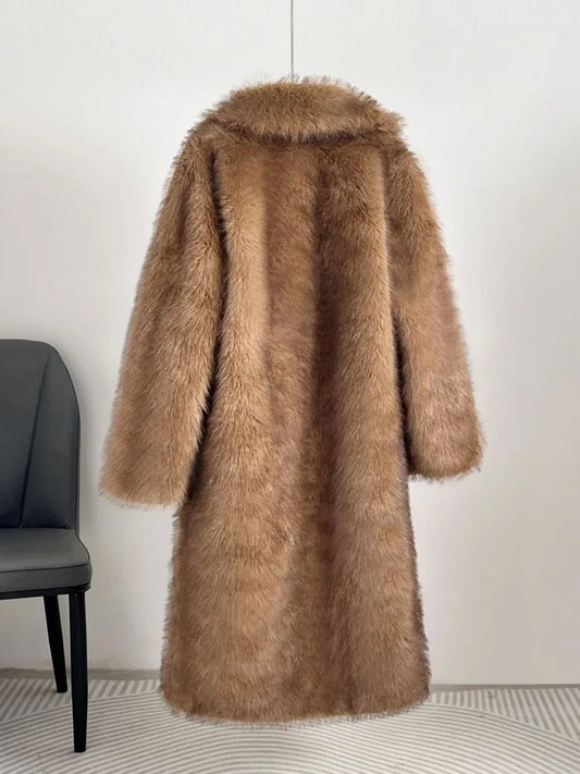 UCXQ elegant women’s faux fur winter coat with lapel collar, soft warm fabric, and loose casual silhouette - WAREHOUSE SHOP