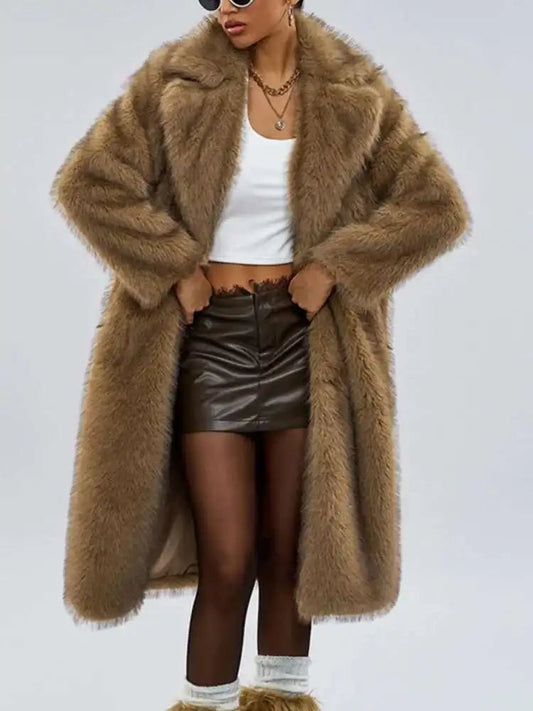 UCXQ elegant women’s faux fur winter coat with lapel collar, soft warm fabric, and loose casual silhouette - WAREHOUSE SHOP