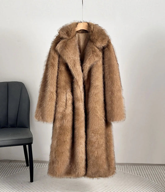 UCXQ elegant women’s faux fur winter coat with lapel collar, soft warm fabric, and loose casual silhouette - WAREHOUSE SHOP