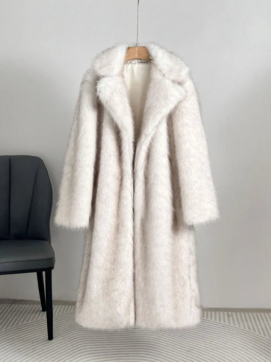 UCXQ elegant women’s faux fur winter coat with lapel collar, soft warm fabric, and loose casual silhouette - WAREHOUSE SHOP