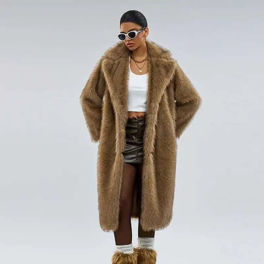 UCXQ elegant women’s faux fur winter coat with lapel collar, soft warm fabric, and loose casual silhouette - WAREHOUSE SHOP