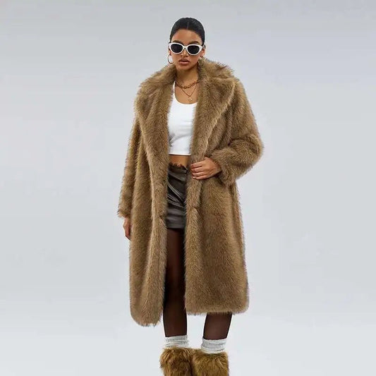 UCXQ elegant women’s faux fur winter coat with lapel collar, soft warm fabric, and loose casual silhouette - WAREHOUSE SHOP