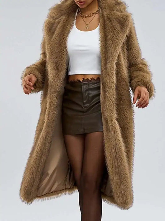 UCXQ elegant women’s faux fur winter coat with lapel collar, soft warm fabric, and loose casual silhouette - WAREHOUSE SHOP
