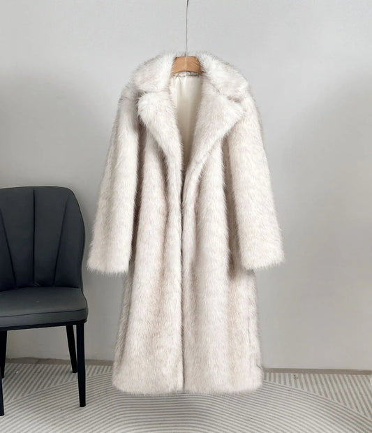 UCXQ elegant women’s faux fur winter coat with lapel collar, soft warm fabric, and loose casual silhouette - WAREHOUSE SHOP