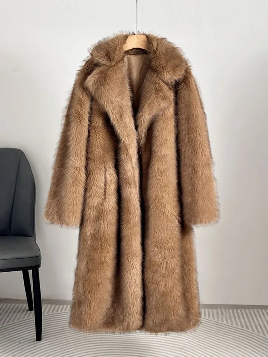 UCXQ elegant women’s faux fur winter coat with lapel collar, soft warm fabric, and loose casual silhouette - WAREHOUSE SHOP