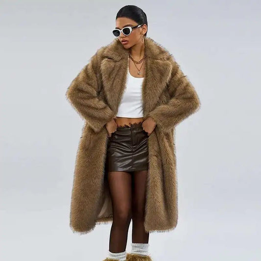 UCXQ elegant women’s faux fur winter coat with lapel collar, soft warm fabric, and loose casual silhouette - WAREHOUSE SHOP