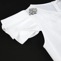 White Graduation Dress V Neck Ruffle Sleeve Bodycon Slit Midi Dress Elegant Fitted Summer Outfits for Women - WAREHOUSE SHOP