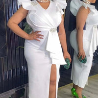 White Graduation Dress V Neck Ruffle Sleeve Bodycon Slit Midi Dress Elegant Fitted Summer Outfits for Women - WAREHOUSE SHOP