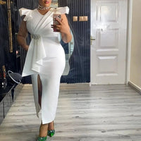 White Graduation Dress V Neck Ruffle Sleeve Bodycon Slit Midi Dress Elegant Fitted Summer Outfits for Women - WAREHOUSE SHOP