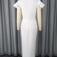 White Graduation Dress V Neck Ruffle Sleeve Bodycon Slit Midi Dress Elegant Fitted Summer Outfits for Women - WAREHOUSE SHOP