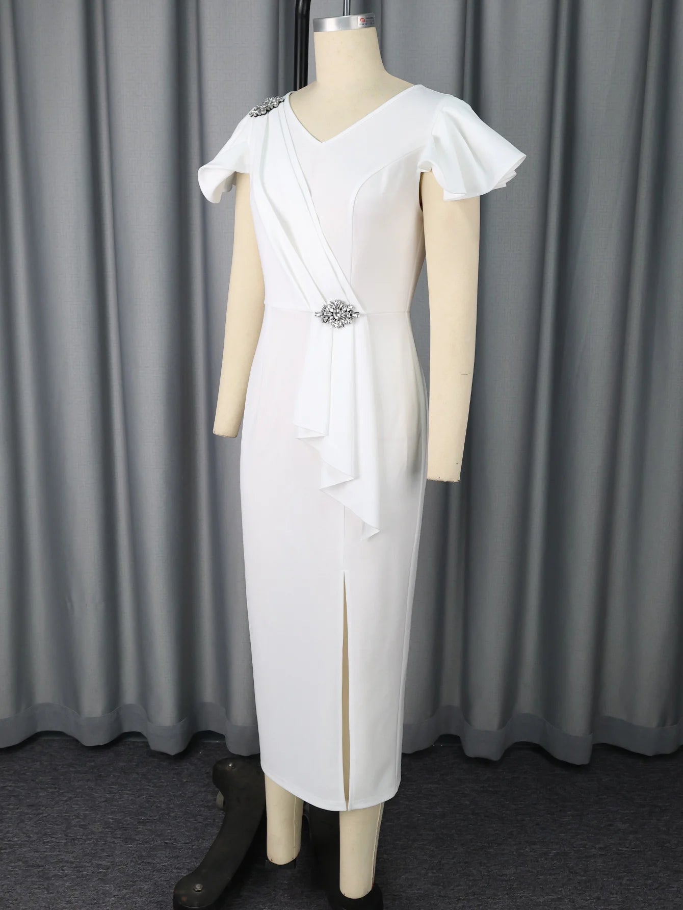 White Graduation Dress V Neck Ruffle Sleeve Bodycon Slit Midi Dress Elegant Fitted Summer Outfits for Women - WAREHOUSE SHOP
