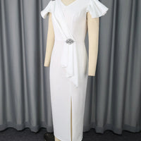 White Graduation Dress V Neck Ruffle Sleeve Bodycon Slit Midi Dress Elegant Fitted Summer Outfits for Women - WAREHOUSE SHOP
