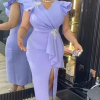 White Graduation Dress V Neck Ruffle Sleeve Bodycon Slit Midi Dress Elegant Fitted Summer Outfits for Women - WAREHOUSE SHOP
