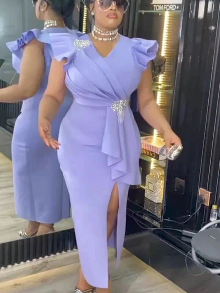 White Graduation Dress V Neck Ruffle Sleeve Bodycon Slit Midi Dress Elegant Fitted Summer Outfits for Women - WAREHOUSE SHOP