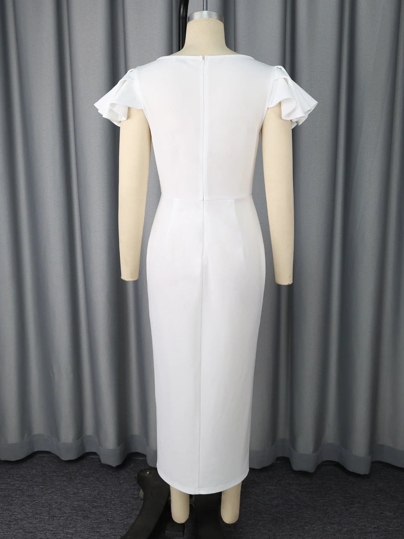 White Graduation Dress V Neck Ruffle Sleeve Bodycon Slit Midi Dress Elegant Fitted Summer Outfits for Women - WAREHOUSE SHOP