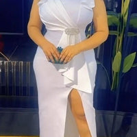 White Graduation Dress V Neck Ruffle Sleeve Bodycon Slit Midi Dress Elegant Fitted Summer Outfits for Women - WAREHOUSE SHOP