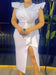 White Graduation Dress V Neck Ruffle Sleeve Bodycon Slit Midi Dress Elegant Fitted Summer Outfits for Women - WAREHOUSE SHOP