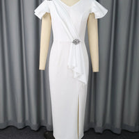 White Graduation Dress V Neck Ruffle Sleeve Bodycon Slit Midi Dress Elegant Fitted Summer Outfits for Women - WAREHOUSE SHOP