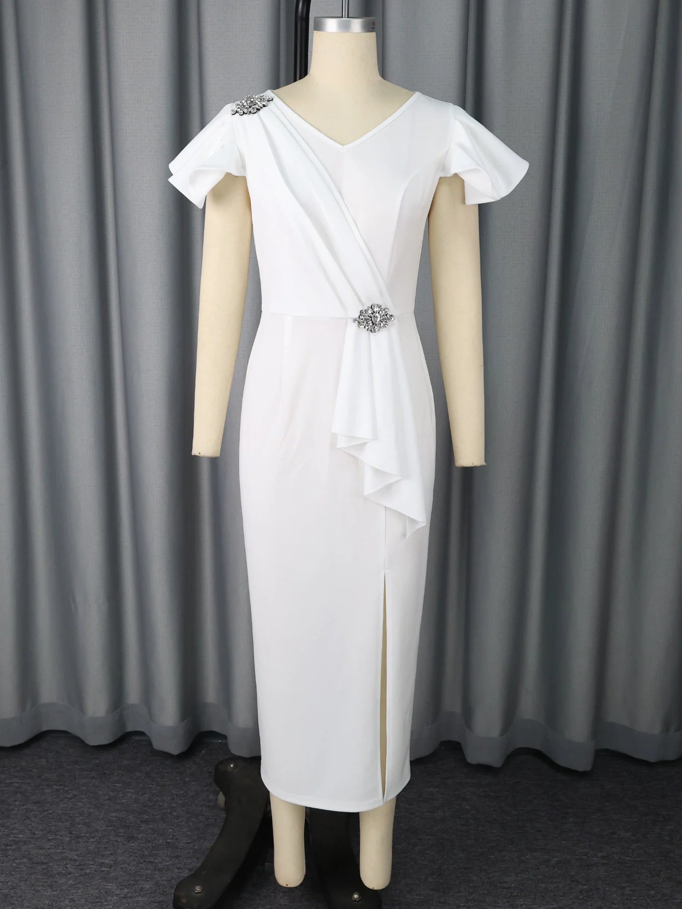 White Graduation Dress V Neck Ruffle Sleeve Bodycon Slit Midi Dress Elegant Fitted Summer Outfits for Women - WAREHOUSE SHOP