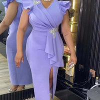 White Graduation Dress V Neck Ruffle Sleeve Bodycon Slit Midi Dress Elegant Fitted Summer Outfits for Women - WAREHOUSE SHOP