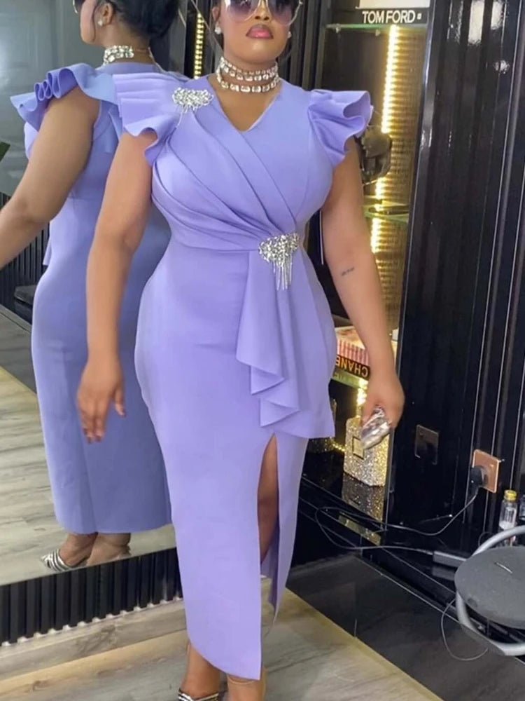 White Graduation Dress V Neck Ruffle Sleeve Bodycon Slit Midi Dress Elegant Fitted Summer Outfits for Women - WAREHOUSE SHOP