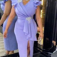 White Graduation Dress V Neck Ruffle Sleeve Bodycon Slit Midi Dress Elegant Fitted Summer Outfits for Women - WAREHOUSE SHOP