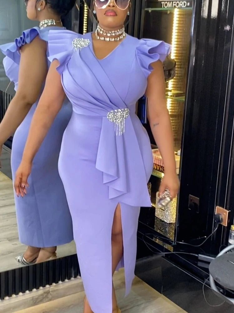 White Graduation Dress V Neck Ruffle Sleeve Bodycon Slit Midi Dress Elegant Fitted Summer Outfits for Women - WAREHOUSE SHOP