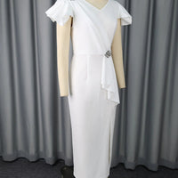 White Graduation Dress V Neck Ruffle Sleeve Bodycon Slit Midi Dress Elegant Fitted Summer Outfits for Women - WAREHOUSE SHOP