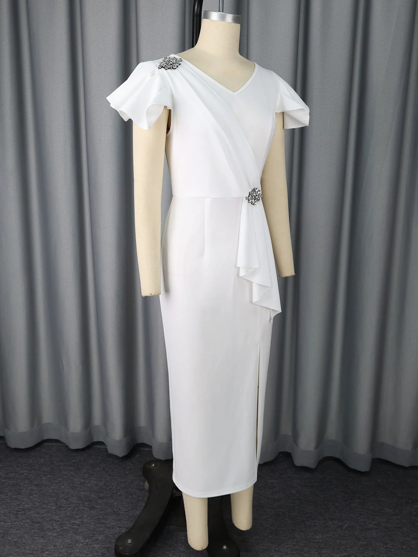 White Graduation Dress V Neck Ruffle Sleeve Bodycon Slit Midi Dress Elegant Fitted Summer Outfits for Women - WAREHOUSE SHOP