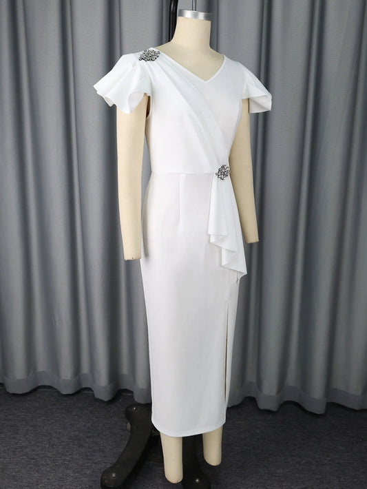 White Graduation Dress V Neck Ruffle Sleeve Bodycon Slit Midi Dress Elegant Fitted Summer Outfits for Women - WAREHOUSE SHOP
