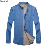 Winter Warm Denim Jeans Shirt for Men. Fleece Lined Velvet Shirts with Button Down - WAREHOUSE SHOP
