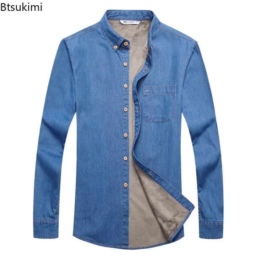 Winter Warm Denim Jeans Shirt for Men. Fleece Lined Velvet Shirts with Button Down - WAREHOUSE SHOP
