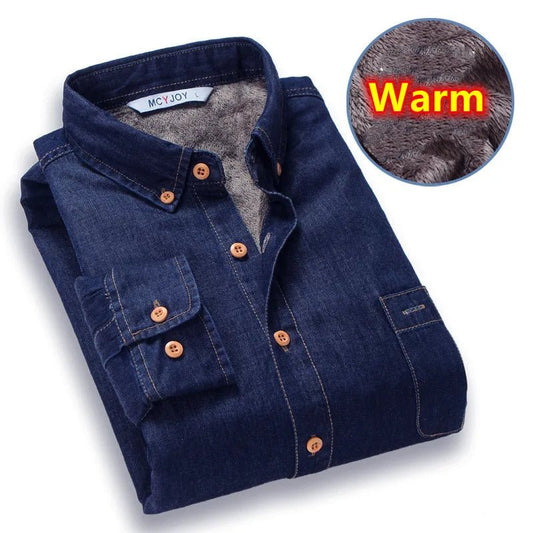 Winter Warm Denim Jeans Shirt for Men. Fleece Lined Velvet Shirts with Button Down - WAREHOUSE SHOP