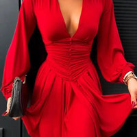 Women Elegant V - Neck Long Sleeve Pleated Dress 2025 Buttons Tunic Waist Sexy Evening Party Luxury Casual Short A Line Dresses - WAREHOUSE SHOP