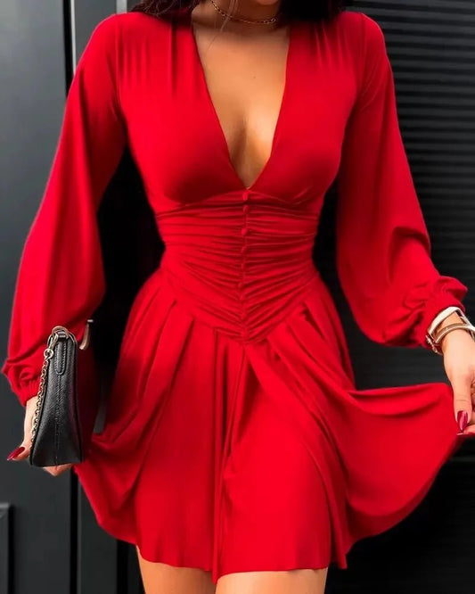 Women Elegant V - Neck Long Sleeve Pleated Dress 2025 Buttons Tunic Waist Sexy Evening Party Luxury Casual Short A Line Dresses - WAREHOUSE SHOP