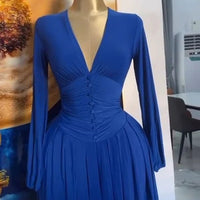 Women Elegant V - Neck Long Sleeve Pleated Dress 2025 Buttons Tunic Waist Sexy Evening Party Luxury Casual Short A Line Dresses - WAREHOUSE SHOP