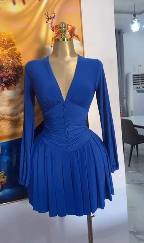 Women Elegant V - Neck Long Sleeve Pleated Dress 2025 Buttons Tunic Waist Sexy Evening Party Luxury Casual Short A Line Dresses - WAREHOUSE SHOP