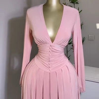 Women Elegant V - Neck Long Sleeve Pleated Dress 2025 Buttons Tunic Waist Sexy Evening Party Luxury Casual Short A Line Dresses - WAREHOUSE SHOP