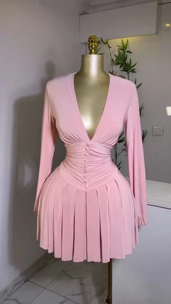 Women Elegant V - Neck Long Sleeve Pleated Dress 2025 Buttons Tunic Waist Sexy Evening Party Luxury Casual Short A Line Dresses - WAREHOUSE SHOP