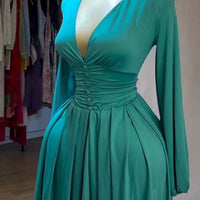 Women Elegant V - Neck Long Sleeve Pleated Dress 2025 Buttons Tunic Waist Sexy Evening Party Luxury Casual Short A Line Dresses - WAREHOUSE SHOP