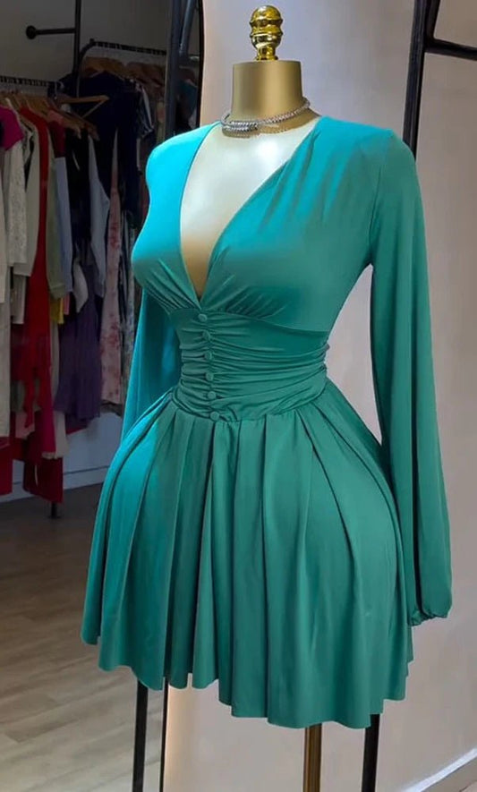 Women Elegant V - Neck Long Sleeve Pleated Dress 2025 Buttons Tunic Waist Sexy Evening Party Luxury Casual Short A Line Dresses - WAREHOUSE SHOP