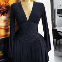 Women Elegant V - Neck Long Sleeve Pleated Dress 2025 Buttons Tunic Waist Sexy Evening Party Luxury Casual Short A Line Dresses - WAREHOUSE SHOP