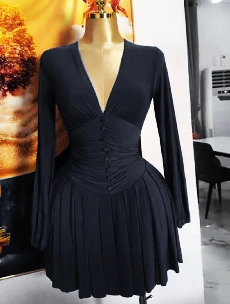 Women Elegant V - Neck Long Sleeve Pleated Dress 2025 Buttons Tunic Waist Sexy Evening Party Luxury Casual Short A Line Dresses - WAREHOUSE SHOP