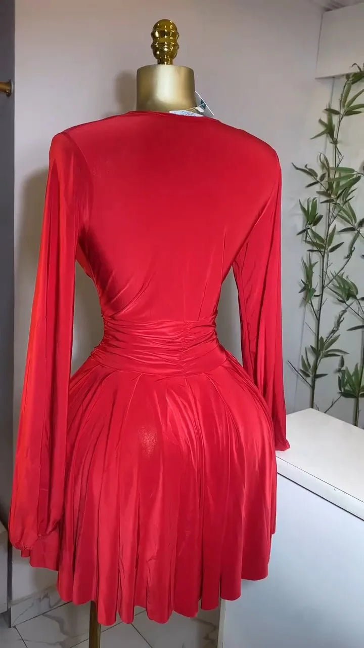 Women Elegant V - Neck Long Sleeve Pleated Dress 2025 Buttons Tunic Waist Sexy Evening Party Luxury Casual Short A Line Dresses - WAREHOUSE SHOP