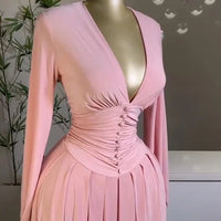Women Elegant V - Neck Long Sleeve Pleated Dress 2025 Buttons Tunic Waist Sexy Evening Party Luxury Casual Short A Line Dresses - WAREHOUSE SHOP