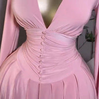 Women Elegant V - Neck Long Sleeve Pleated Dress 2025 Buttons Tunic Waist Sexy Evening Party Luxury Casual Short A Line Dresses - WAREHOUSE SHOP