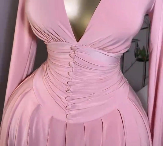 Women Elegant V - Neck Long Sleeve Pleated Dress 2025 Buttons Tunic Waist Sexy Evening Party Luxury Casual Short A Line Dresses - WAREHOUSE SHOP