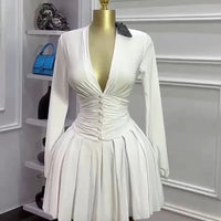 Women Elegant V - Neck Long Sleeve Pleated Dress 2025 Buttons Tunic Waist Sexy Evening Party Luxury Casual Short A Line Dresses - WAREHOUSE SHOP
