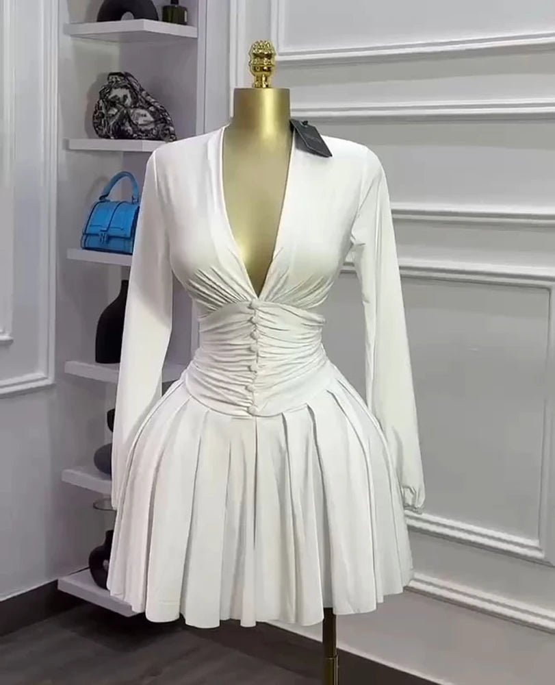 Women Elegant V - Neck Long Sleeve Pleated Dress 2025 Buttons Tunic Waist Sexy Evening Party Luxury Casual Short A Line Dresses - WAREHOUSE SHOP