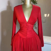 Women Elegant V - Neck Long Sleeve Pleated Dress 2025 Buttons Tunic Waist Sexy Evening Party Luxury Casual Short A Line Dresses - WAREHOUSE SHOP